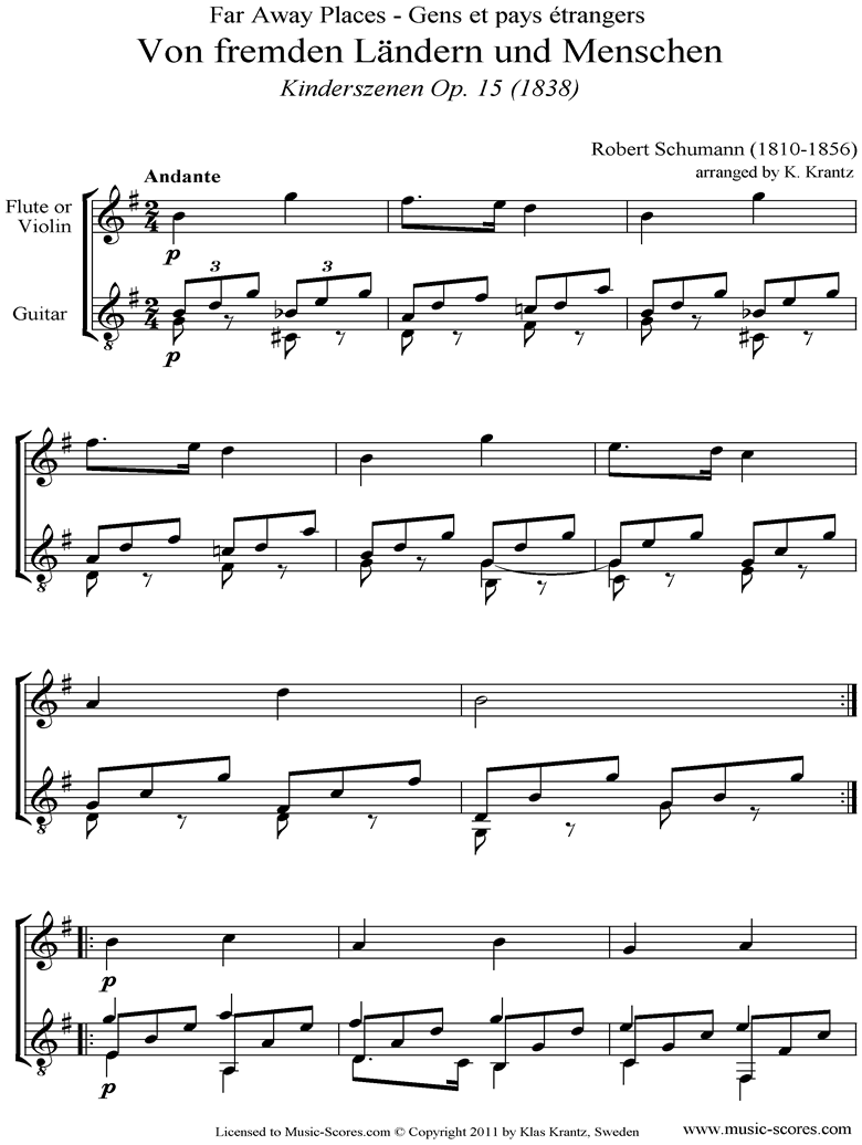 Front page of Op.15: Scenes from Childhood: 01 Of Strange Lands: Flute, Guitar sheet music