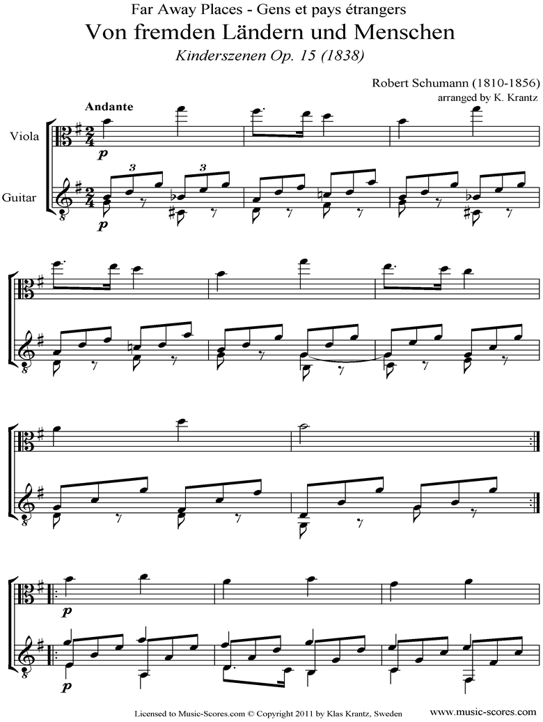 Front page of Op.15: Scenes from Childhood: 01 Of Strange Lands: Viola, Guitar sheet music