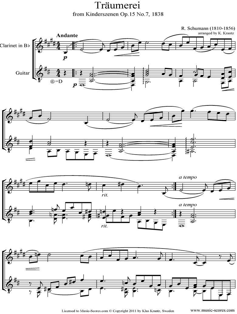 Front page of Op.15: Scenes from Childhood: 07 Dreaming: Clarinet, Guitar sheet music