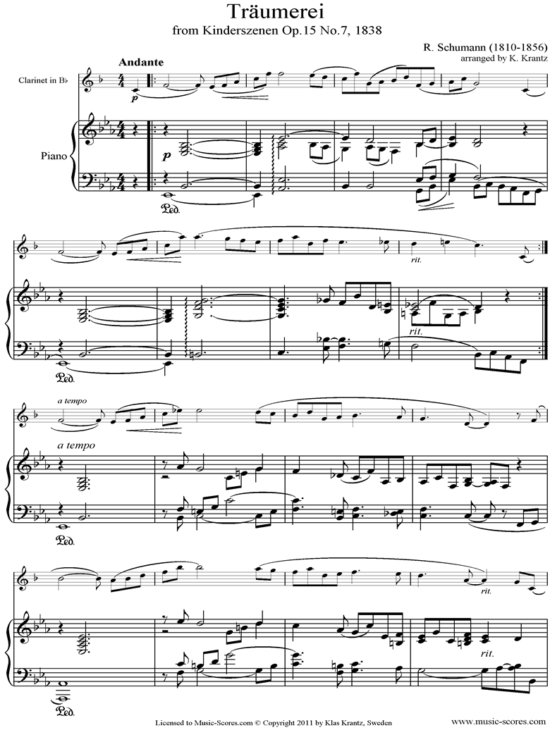 Front page of Op.15: Scenes from Childhood: 07 Dreaming: Clarinet, Piano sheet music