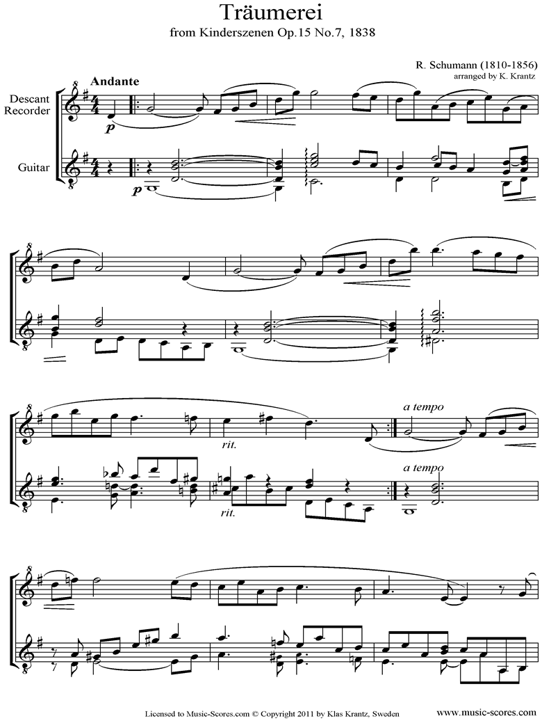 Op.15: Scenes from Childhood: 07 Dreaming: Descant Recorder, Guitar by Schumann