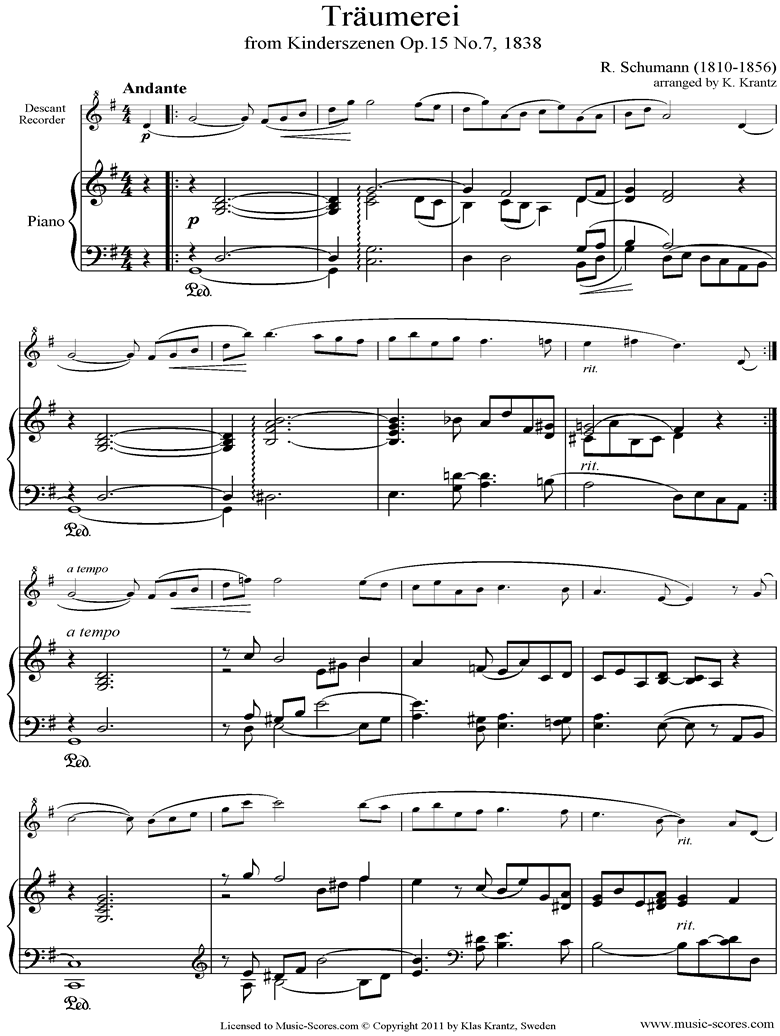 Op.15: Scenes from Childhood: 07 Dreaming: Descant Recorder, Piano by Schumann
