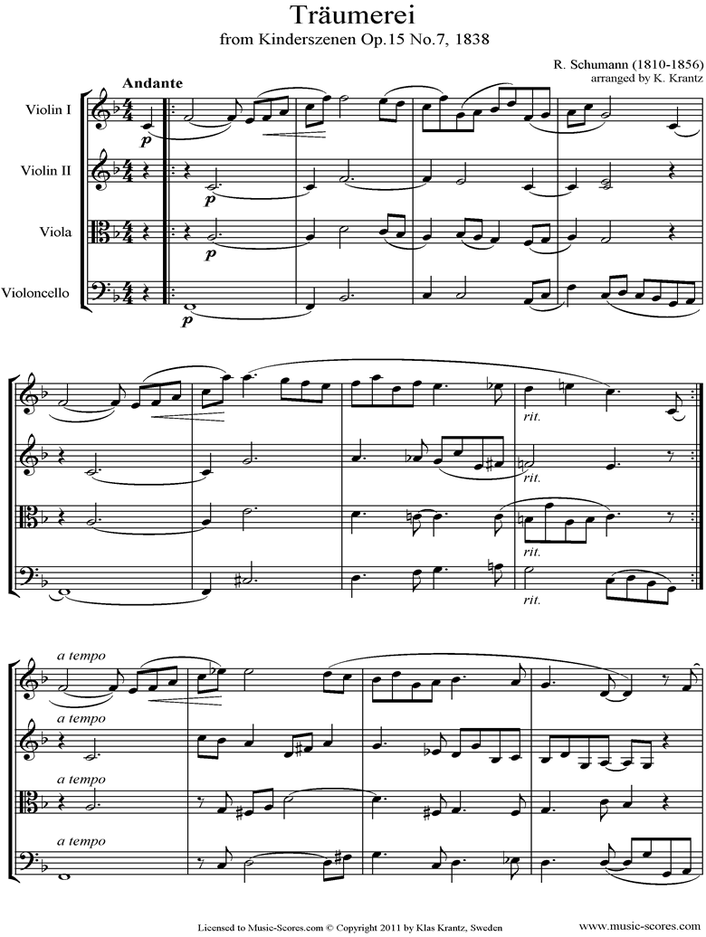 Op.15: Scenes from Childhood: 07 Dreaming: String 4 by Schumann