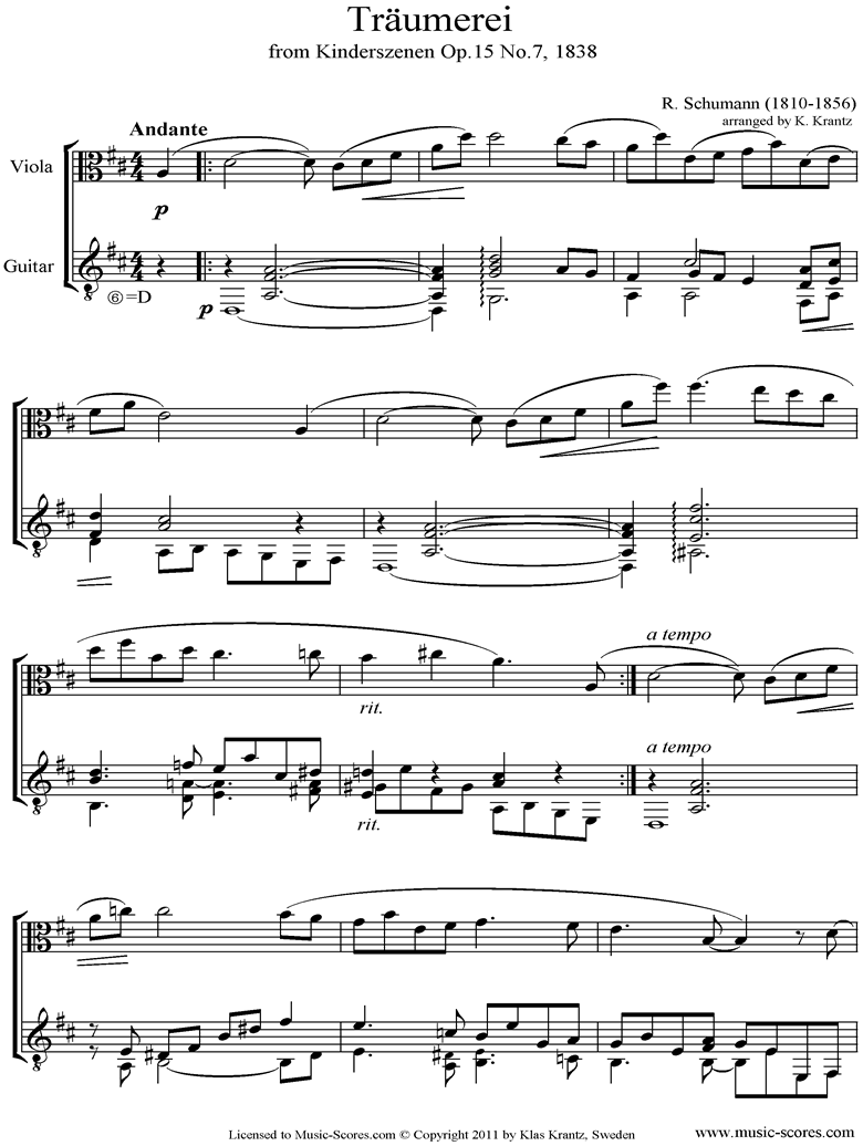 Front page of Op.15: Scenes from Childhood: 07 Dreaming: Viola, Guitar sheet music