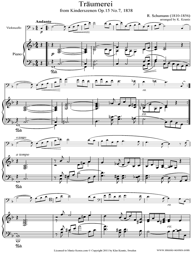 Op.15: Scenes from Childhood: 07 Dreaming: Cello, Piano by Schumann