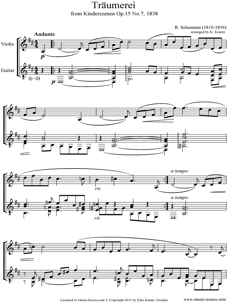 Front page of Op.15: Scenes from Childhood: 07 Dreaming: Violin, Guitar sheet music