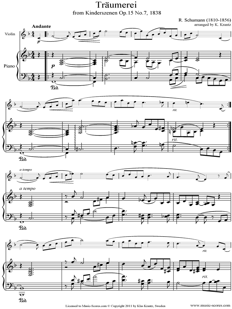 Op.15: Scenes from Childhood: 07 Dreaming: Violin, Piano by Schumann