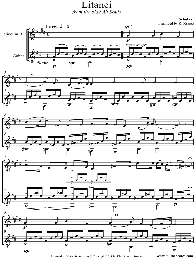 Front page of Litany, D343: Clarinet, Guitar sheet music