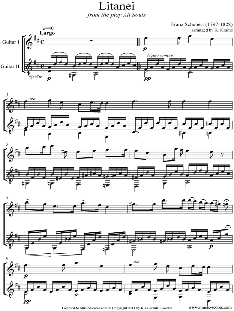 Front page of Litany, D343: Guitar Duet sheet music