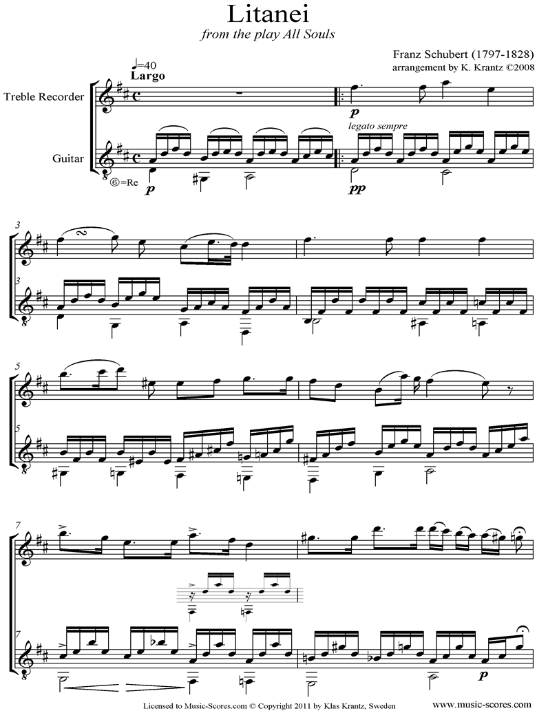 Front page of Litany, D343: Treble Recorder, Guitar sheet music