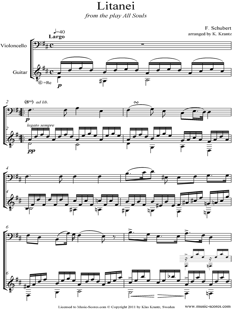 Front page of Litany, D343: Cello, Guitar sheet music
