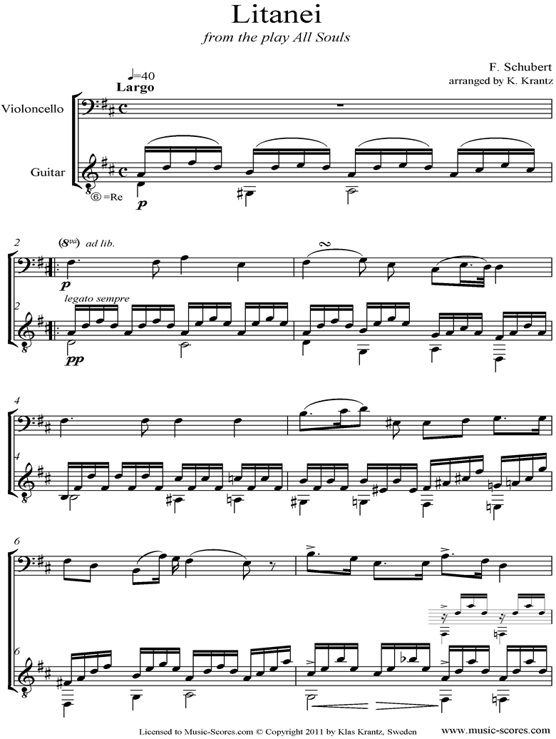 Détails librairie musicale schubert f. Schubert Litany - Litany D343 Cello Guitar Sheet Music By Franz Peter Schubert