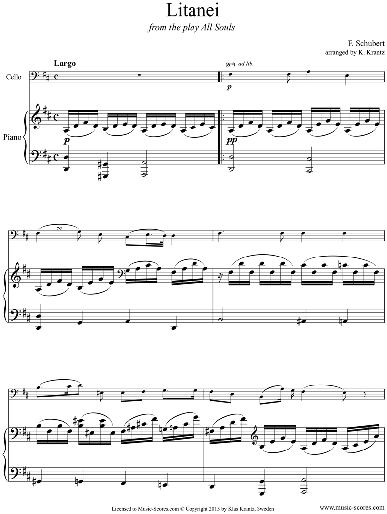 Front page of Litany, D343: Cello, Piano sheet music