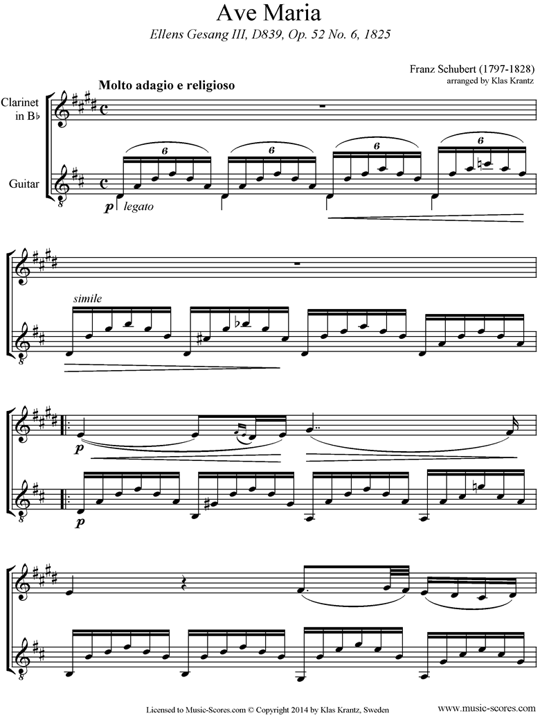 Front page of Ave Maria: Clarinet, Guitar sheet music