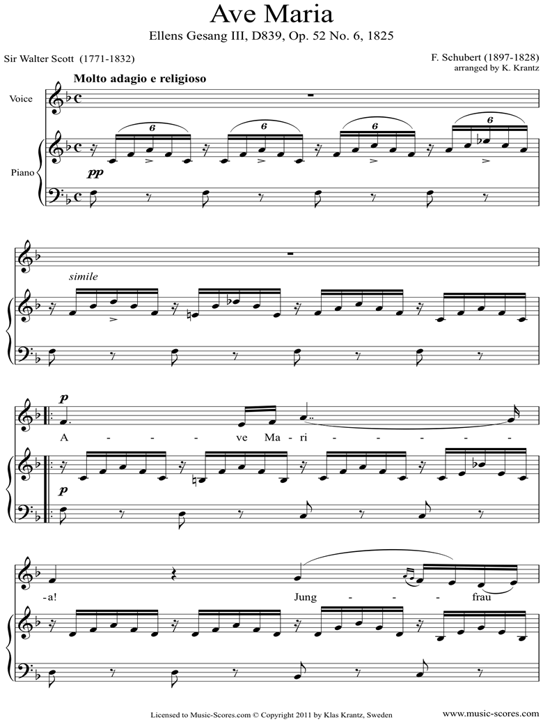 Ave Maria: Voice, Piano, F ma by Schubert