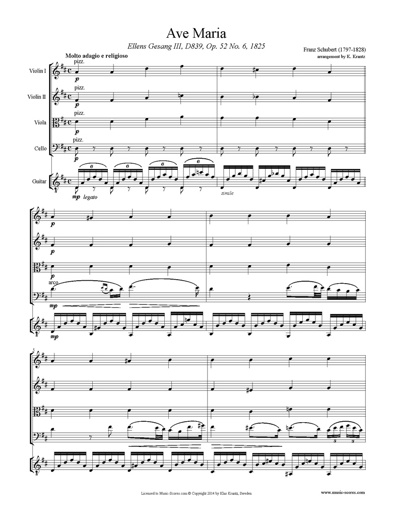 Front page of Ave Maria: String Quartet, Guitar sheet music