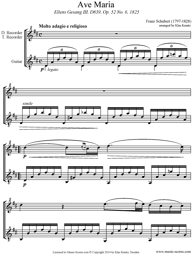 Front page of Ave Maria: Tenor Recorder, Guitar sheet music