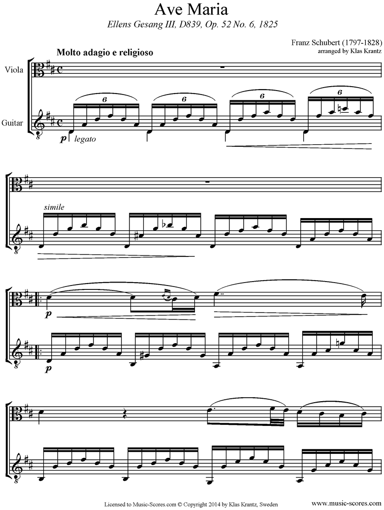 Front page of Ave Maria: Viola, Guitar sheet music