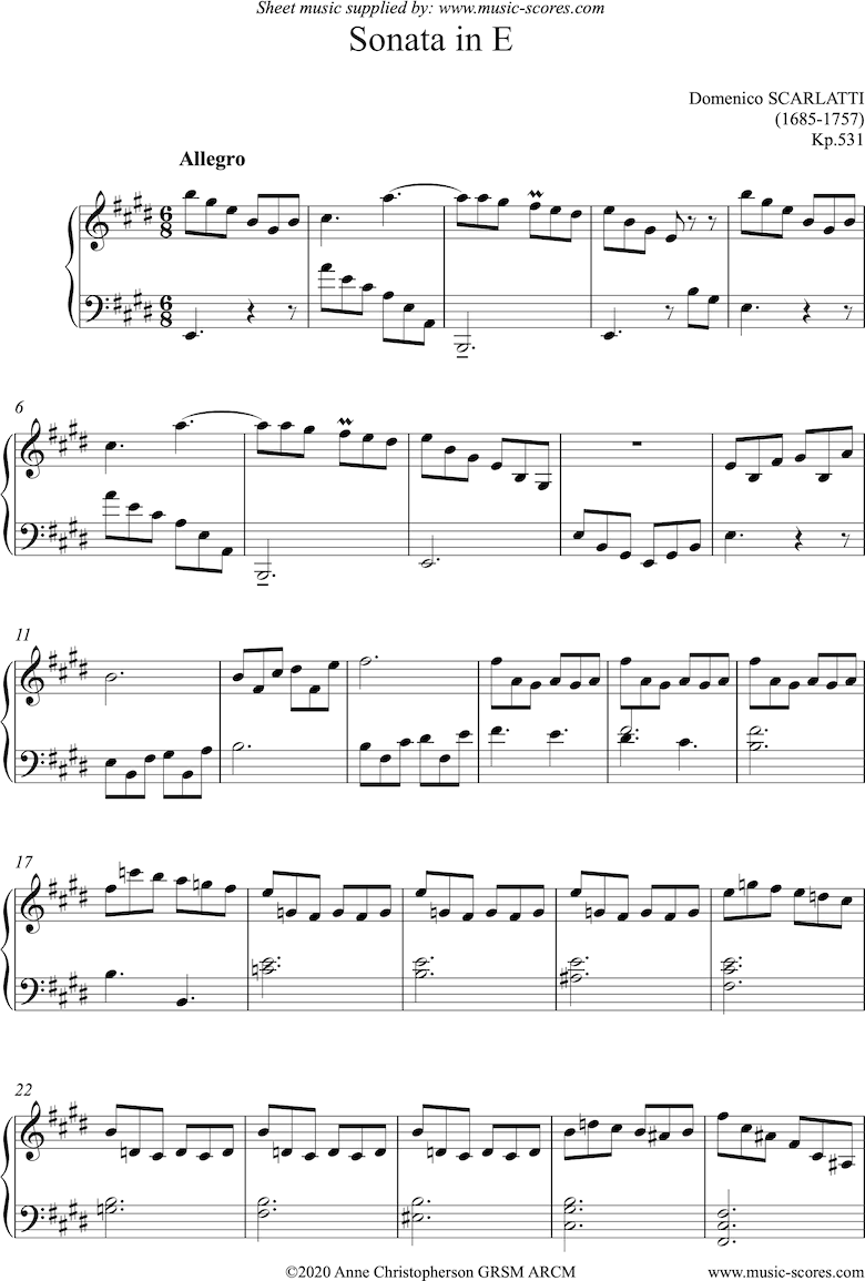 Front page of Kp.531:Sonata in E: Piano sheet music