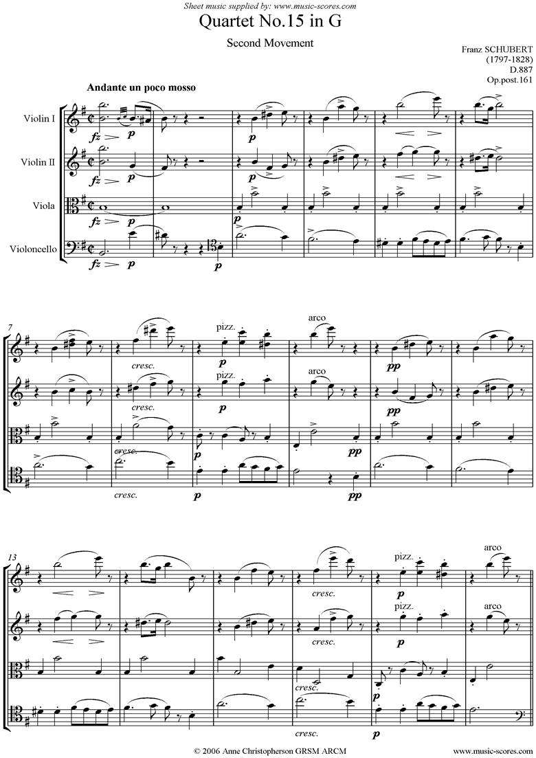 Front page of String Quartet No15 D887: 2nd: Andante sheet music