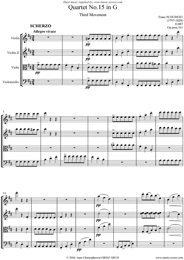 Front page of String Quartet No15 D887: 3rd mt: Scherzo and Trio sheet music