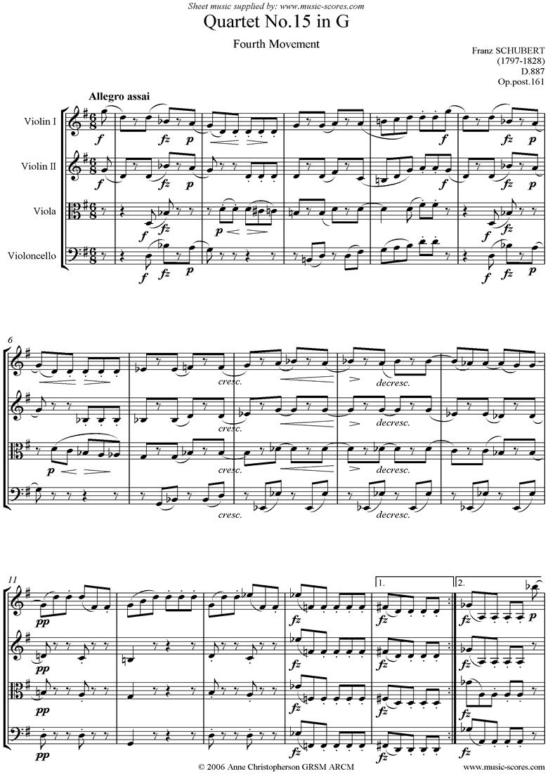 Front page of String Quartet No15 D887: 4th mt: Allegro Assai sheet music