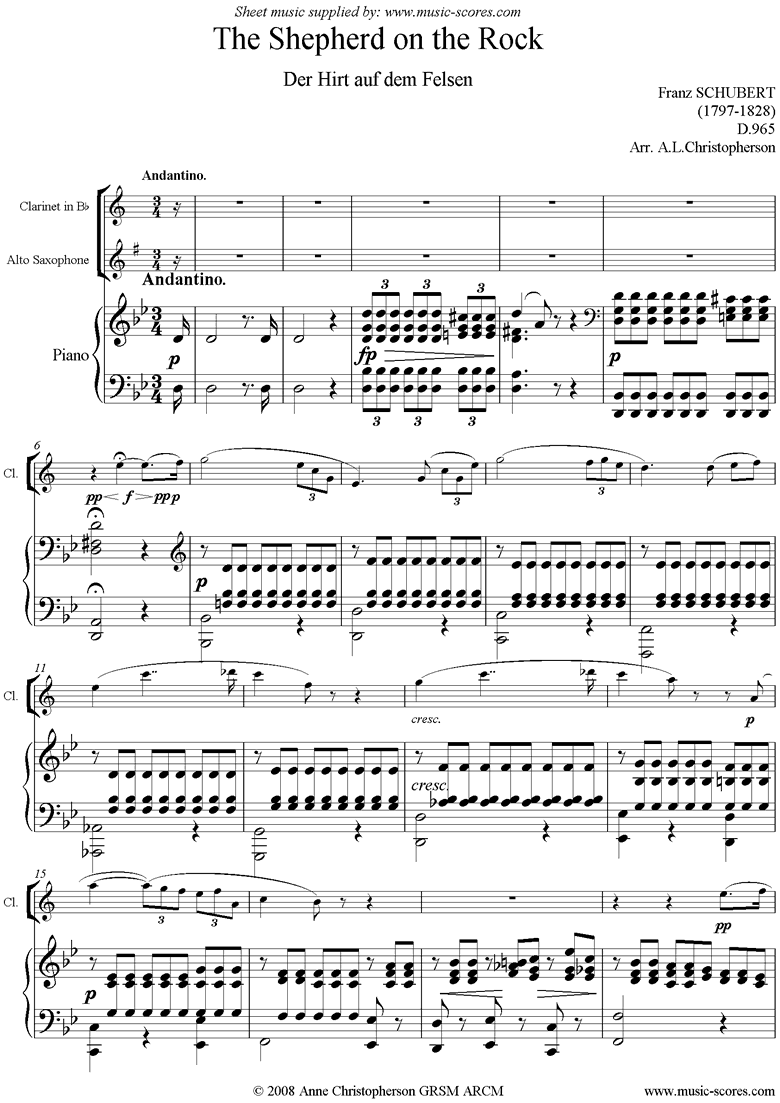 Shepherd on the Rock D 965: Clarinet, Alto Sx, Pno by Schubert