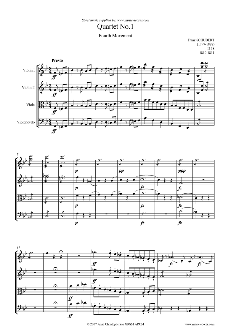 Front page of String Quartet No01 D18: 4th mt: Presto sheet music
