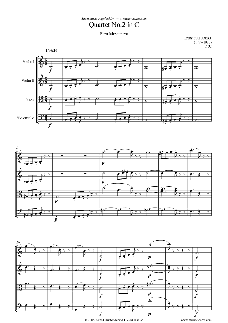 Front page of String Quartet No02 D32: 1st mt:Presto sheet music