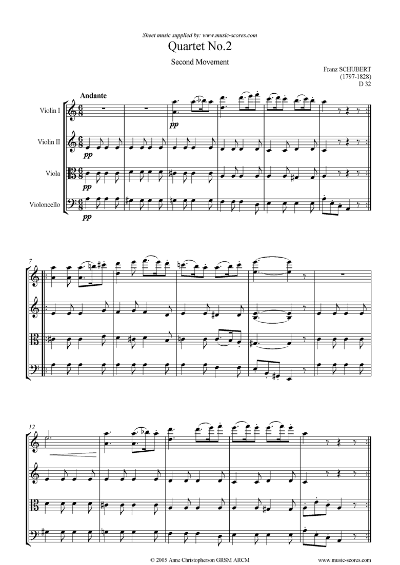 Front page of String Quartet No02 D32: 2nd mt: Andante sheet music