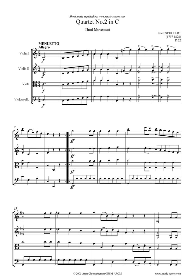 Front page of String Quartet No02 D32: 3rd mt: Allegro sheet music