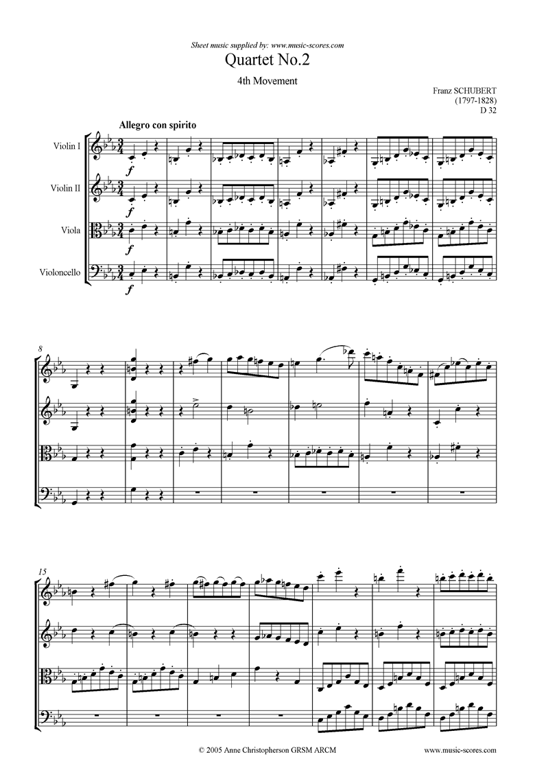 Front page of String Quartet No02 D32: 4th mt: Allegro sheet music