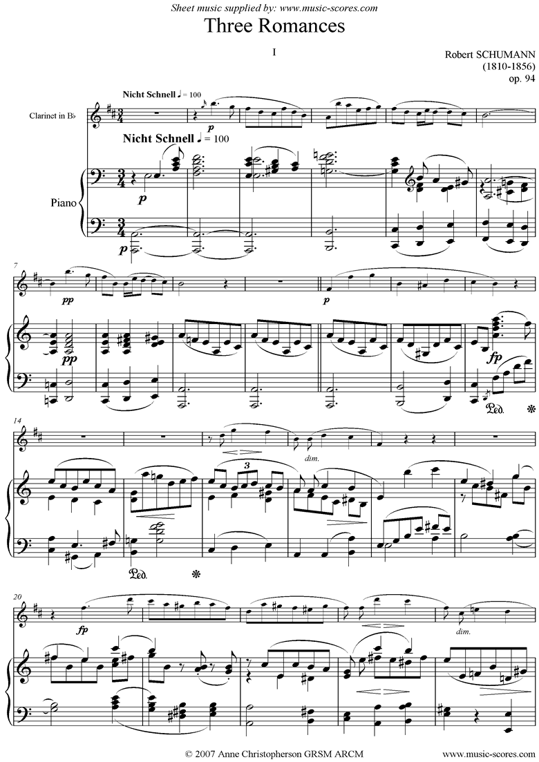 Front page of Op.94: Three Romances: No.1: Clarinet sheet music