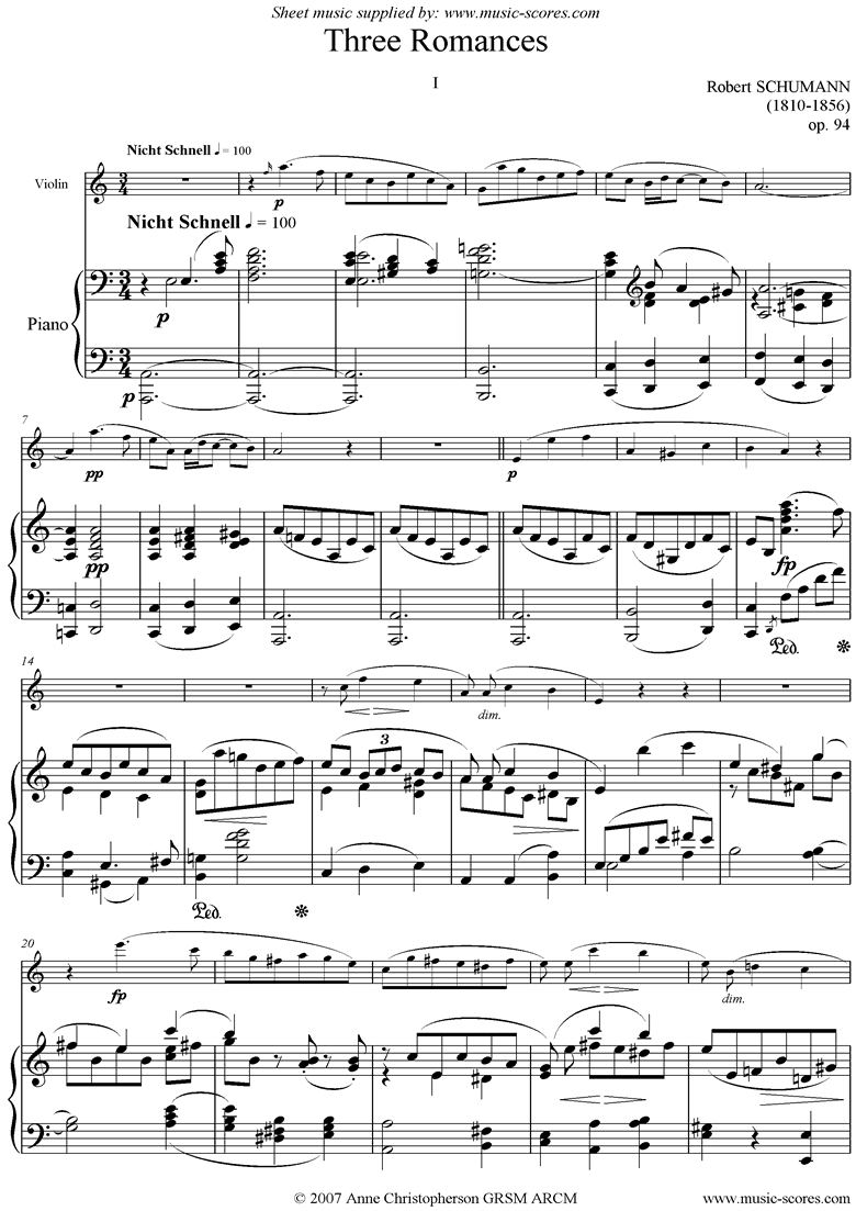 Front page of Op.94: Three Romances: No.1: Violin sheet music