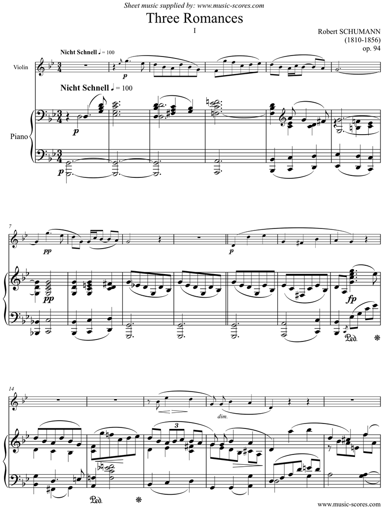 Front page of Op.94: Three Romances: No.1: Violin, Gmi sheet music