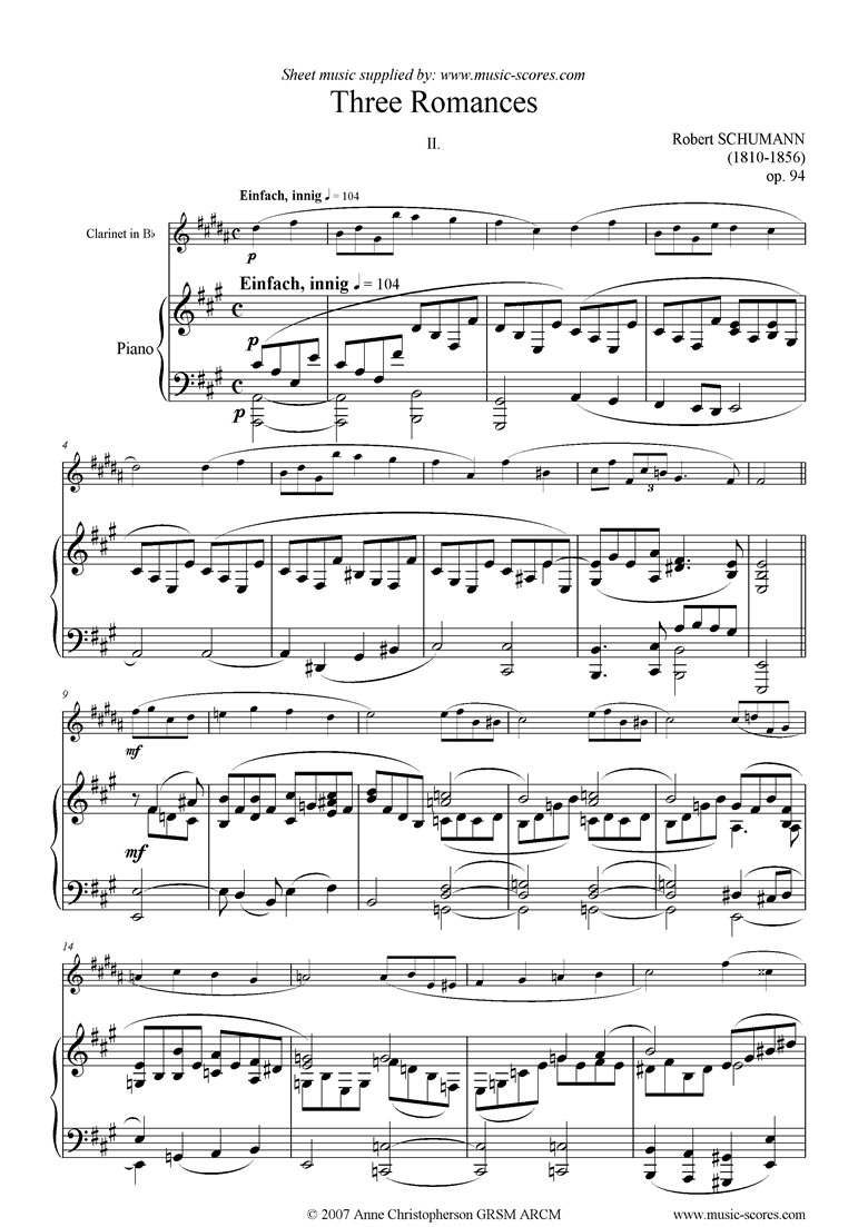 Front page of Op.94: Three Romances: No.2: Clarinet sheet music