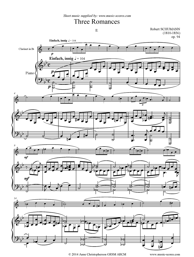 Front page of Op.94: Three Romances: No.2: Clarinet: Bb sheet music