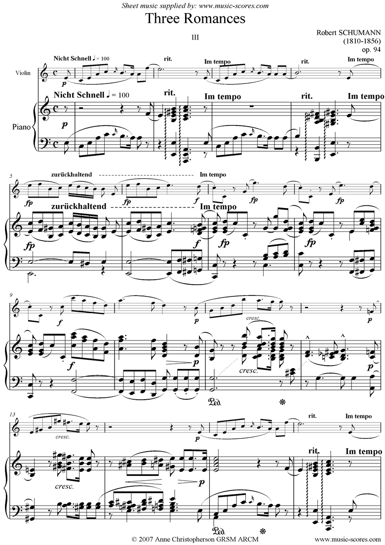 Front page of Op.94: Three Romances: No.3: Violin sheet music