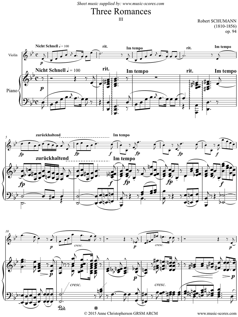 Front page of Op.94: Three Romances: No.3: Violin, G mi sheet music