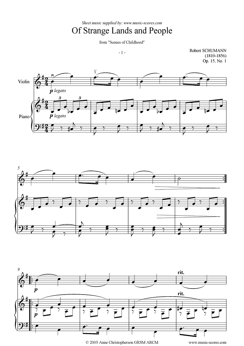 Front page of Op.15: Scenes from Childhood: 01 Strange Lands: Vn sheet music