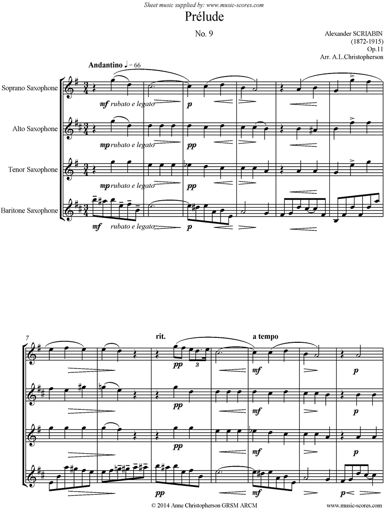 Front page of Op.11, No.9: Prelude: Sax 4 sheet music