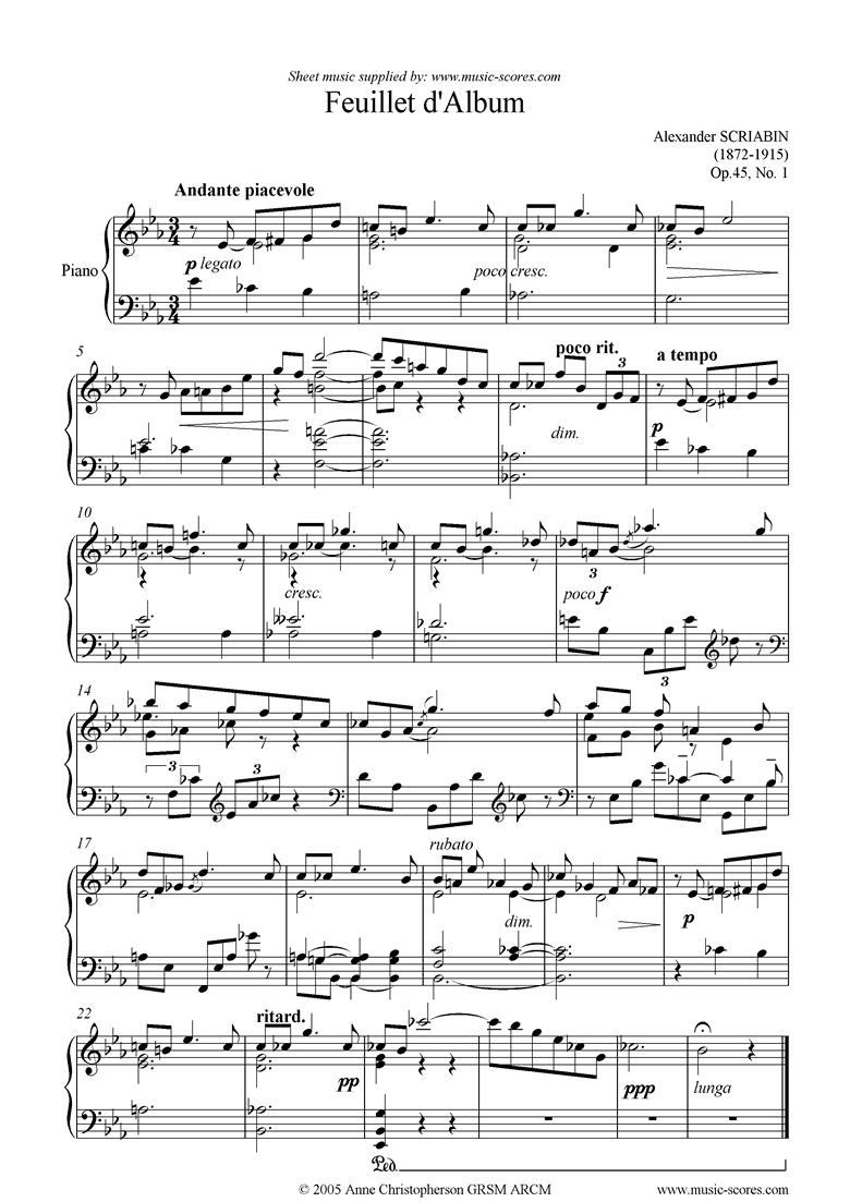 Front page of Op.45, No.1: Feuillet dAlbum sheet music