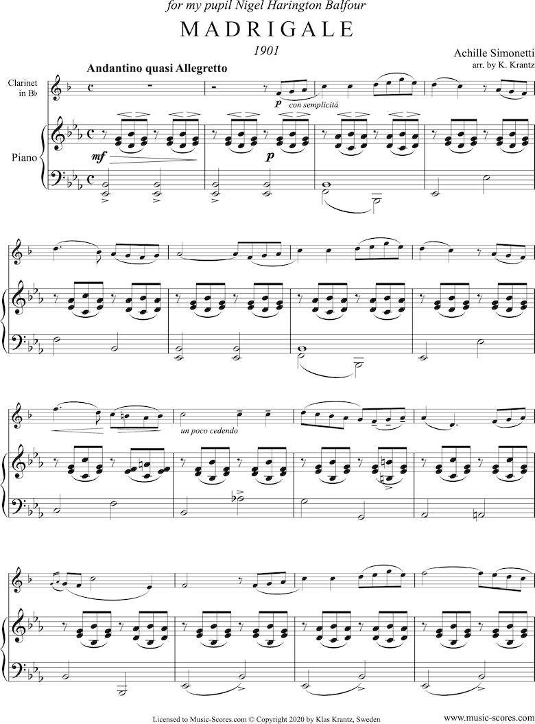 Front page of Madrigale: Clarinet, Piano: Eb sheet music