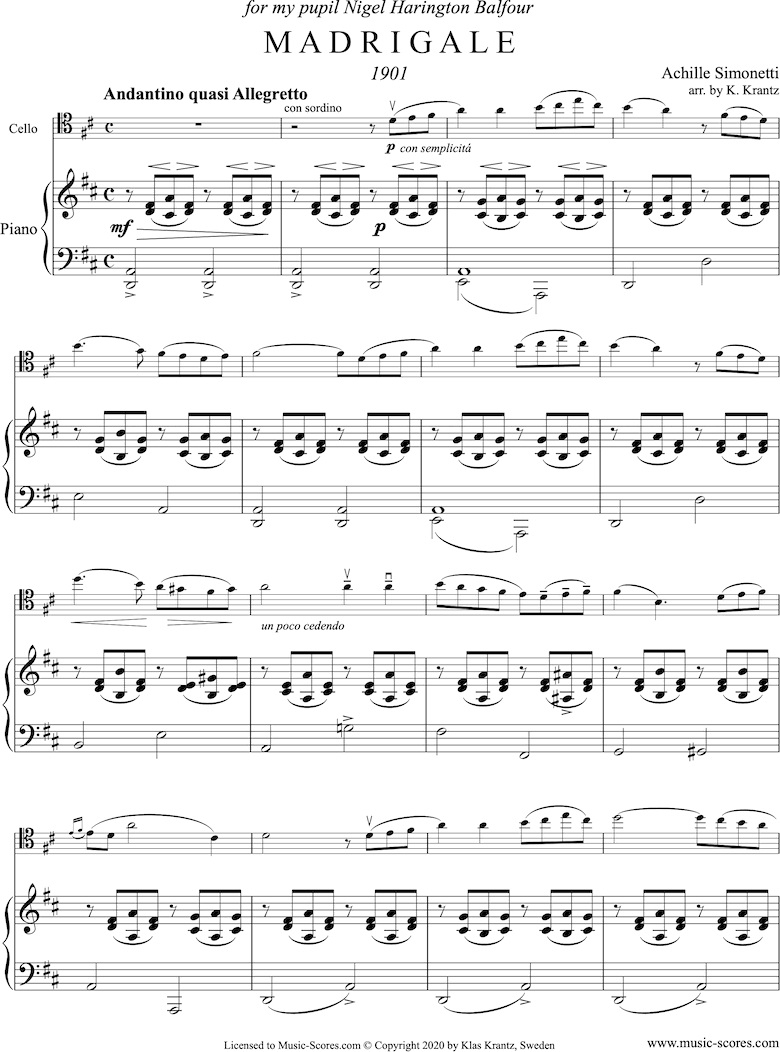 Front page of Madrigale: Cello, Piano: D major sheet music
