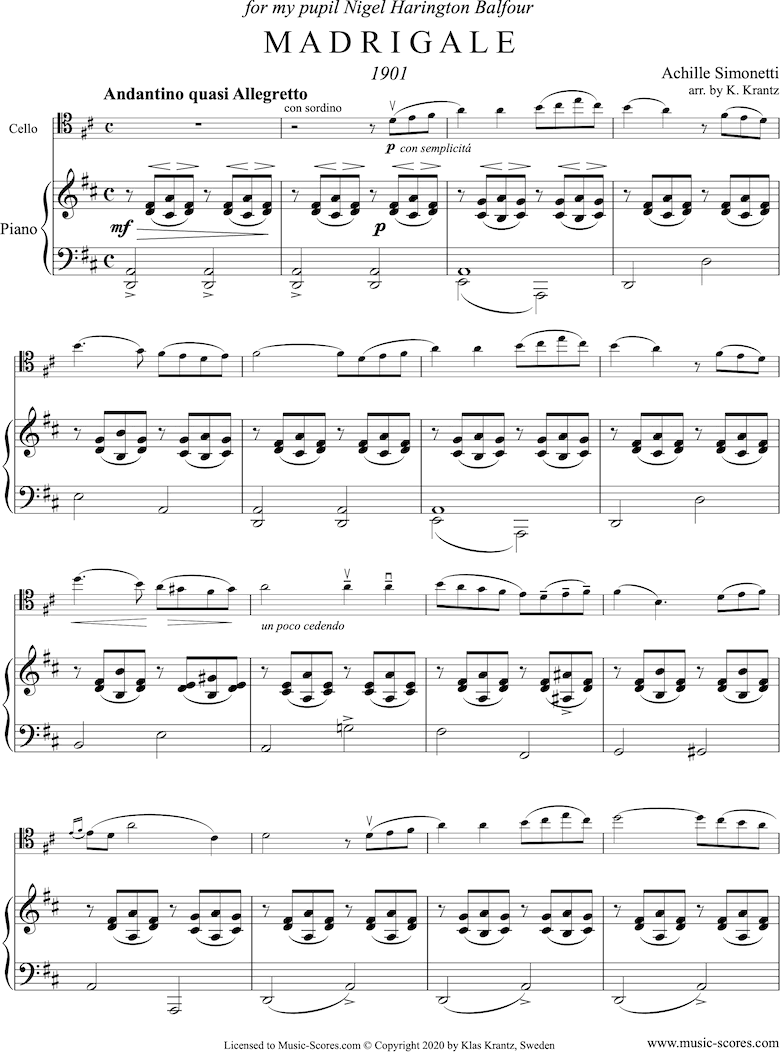 Madrigale: Cello, Piano: D major by Simonetti