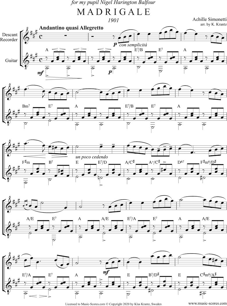 Front page of Madrigale: Descant Recorder, Guitar: A major sheet music