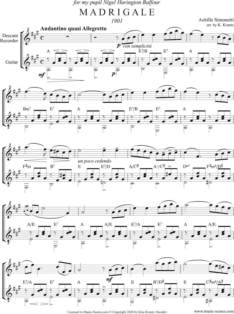 Madrigale: Descant Recorder, Guitar: A major by Simonetti