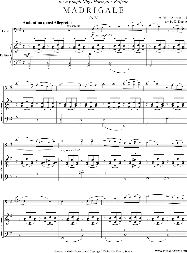 Front page of Madrigale: Cello, Guitar: G major sheet music