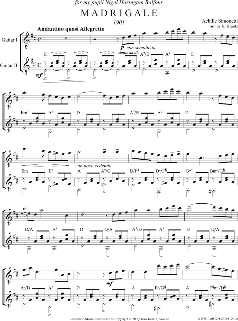 Madrigale: Guitar Duet: D major by Simonetti