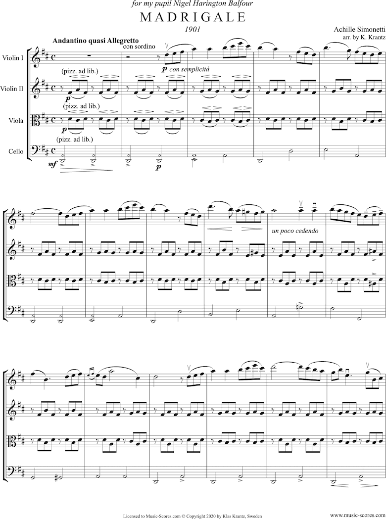 Front page of Madrigale: String Quartet: D major sheet music